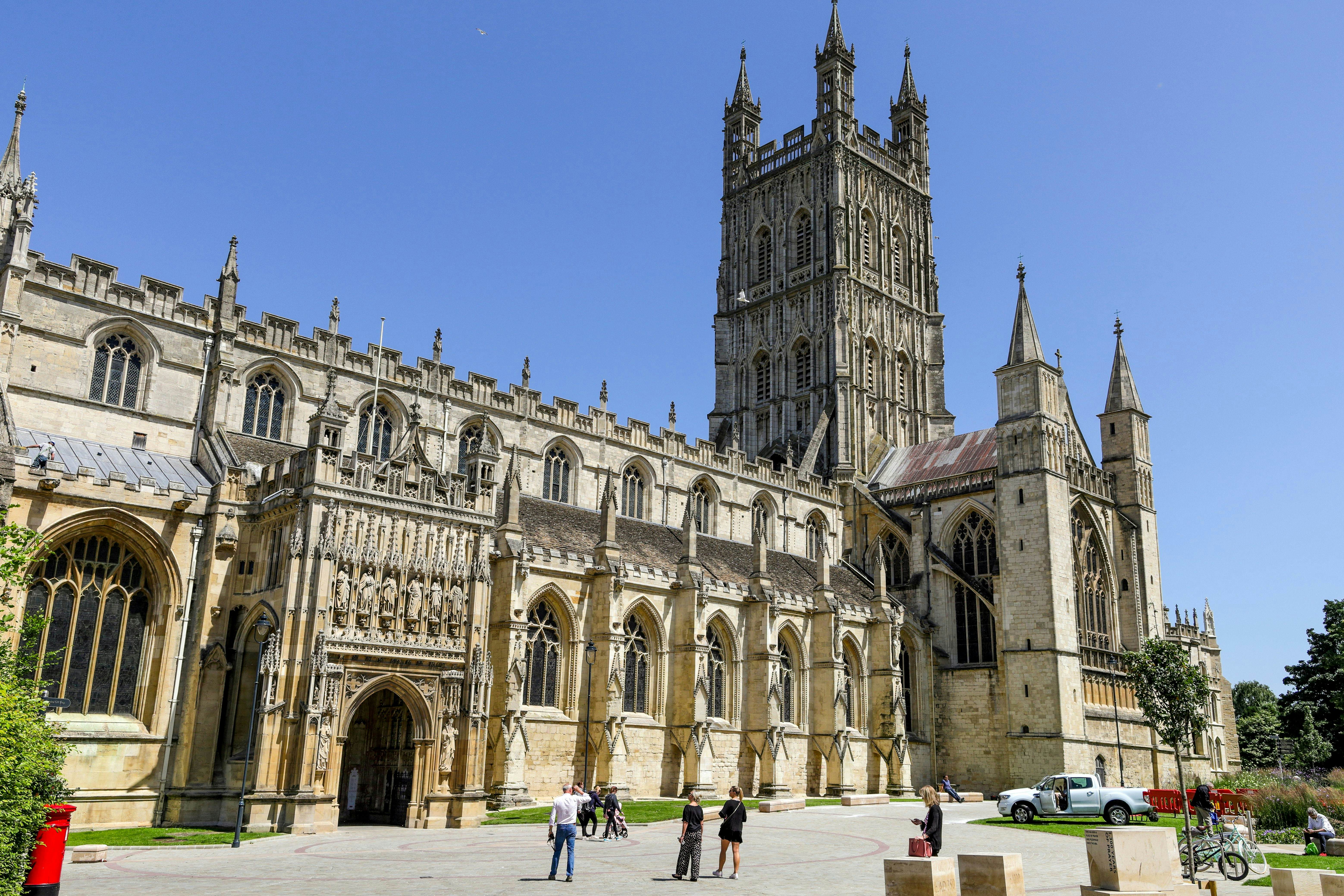 Gloucester Gloucestershire UK 1st JULY 2019  Iconic and historic Gloucester Cathedral with tourists ; Shutterstock ID 1443426806; your: Bridget Brown; gl: 65050; netsuite: Online Editorial; full: POI Image Update